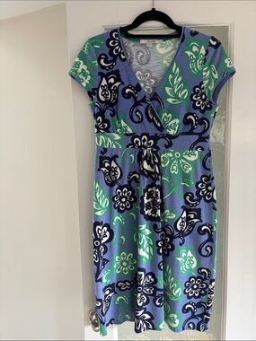 Boden Blue, Green & White Floral Wrap-Style Midi Dress